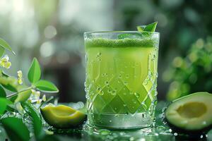 AI generated Glass of Avocado juice on table in cafe, closeup. photo