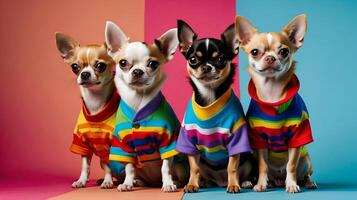 ai generado chihuahuas en vistoso atuendo, forrado arriba, radiante personalidad y Moda adelante pensamiento, ai generativo foto