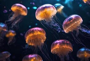 AI generated jellyfish in the water jellyfish in the water underwater view of a red and white jellyfish, Colorful jellyfish floating in water photo
