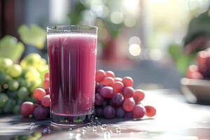 AI generated Glass of grape juice on table in cafe, closeup. photo