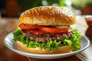 AI generated Hamburger with beef patty, cheese, and vegetables on the table photo