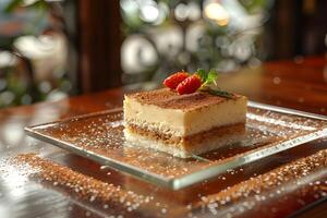 AI generated Tiramisu cake on a glass plate on a wooden table photo