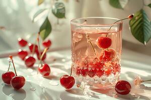 AI generated Glass of cherry juice on table in cafe, closeup. photo