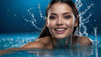 AI generated Beautiful Model Spa Woman with splashes of water. Beautiful Smiling girl under splash of water with fresh skin. Skin care, Cleansing and moisturizing concept. Beauty face photo