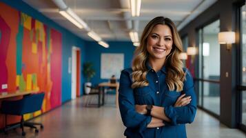 AI generated young woman with a bright smile stands confidently in a creative office, her arms crossed as she looks directly at the camera. The vibrant colors and unique angles of the office space photo