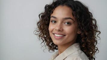 AI generated Close up studio shot of beautiful young mixed race woman model with curly dark hair looking at camera with charming cute smile while posing against white blank copy space wall photo