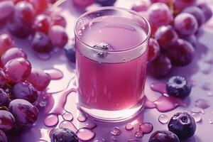 AI generated Glass of grape juice on table in cafe, closeup. photo