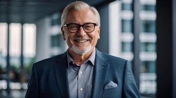 AI generated portrait of successful senior businessman consultant looking at camera and smiling inside modern office building photo