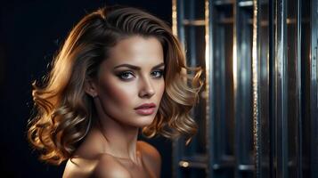 AI generated Glamour portrait of beautiful woman model with fresh daily makeup and romantic wavy hairstyle photo