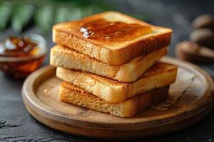 AI generated toasts with fruits jam on kitchen table professional advertising food photography photo