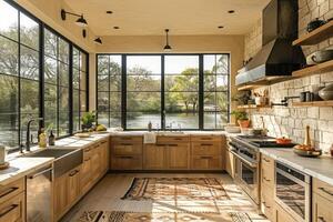 AI generated interior design of a modern farmhouse kitchen with wooden cabinets and floating shelves style photography photo