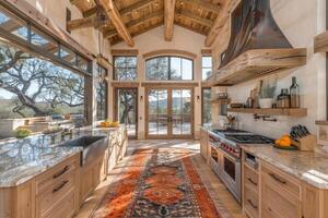 ai generado interior diseño de un moderno casa de Campo cocina con de madera armarios y flotante estantería estilo fotografía foto