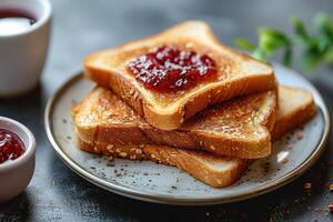 AI generated toasts with fruits jam on kitchen table professional advertising food photography photo