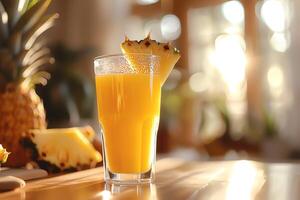 AI generated Glass of pineapple juice on table in cafe, closeup. photo