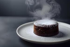 AI generated chocolate lava cake on a white plate. closeup photo