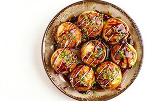 AI generated Takoyaki served on a plate isolated on a white background photo