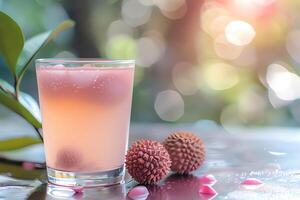 AI generated Glass of lychee juice on table in cafe, closeup. photo