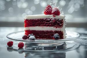 AI generated red velvet cake on a glass plate photo