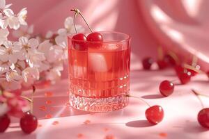 AI generated Glass of cherry juice on table in cafe, closeup. photo