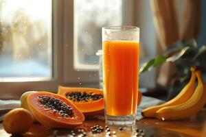 AI generated Glass of papaya juice on table in cafe, closeup. photo