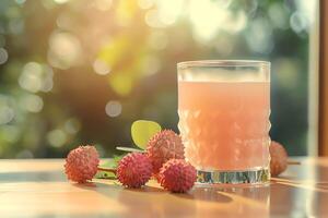 AI generated Glass of lychee juice on table in cafe, closeup. photo