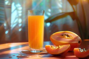 AI generated Glass of papaya juice on table in cafe, closeup. photo