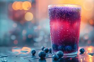 AI generated Glass of blueberry juice on table in cafe, closeup photo