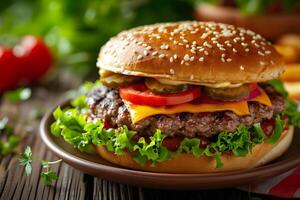 ai generado hamburguesa con carne de vaca empanada, queso, y vegetales en el mesa foto