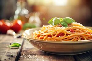 AI generated Spaghetti pasta with tomato sauce, mozzarella cheese and fresh basil in plate on wooden background photo