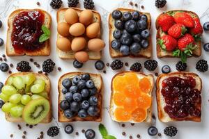 AI generated toasts with fruits jam on kitchen table professional advertising food photography photo