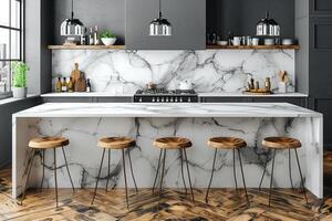 AI generated interior design of a modern kitchen with minimalistic scandinavian marble style photography photo