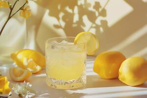 ai generado vaso de limón jugo es en el mesa. de cerca foto