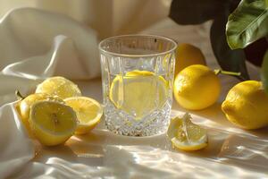 AI generated Glass of lemon juice is on the table. closeup photo