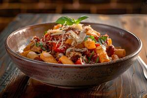 AI generated Spaghetti pasta with tomato sauce, mozzarella cheese and fresh basil in plate on wooden background photo