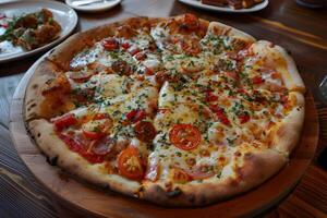 AI generated Pizza with salami, mozzarella cheese, tomatoes and herbs photo