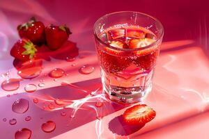 AI generated Glass of strawberry juice is on the table. closeup photo