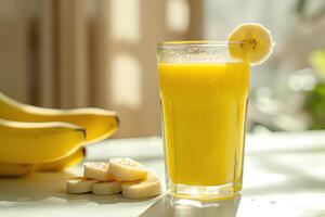 ai generado vaso de plátano jugo es en el mesa foto