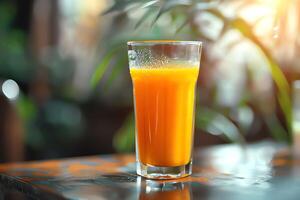 AI generated Glass of papaya juice on table in cafe, closeup. photo