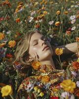 AI generated Hippie style woman in a relaxing pose lying on a beautiful field of flowers photo