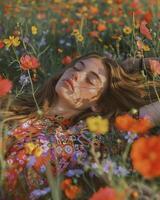 AI generated Hippie style woman in a relaxing pose lying on a beautiful field of flowers photo