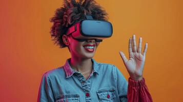 AI generated Very excited young woman using Virtual Reality glasses photo