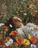 AI generated Hippie style woman in a relaxing pose lying on a beautiful field of flowers photo