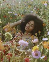 AI generated Hippie style black woman in a relaxing pose lying on a beautiful field of flowers photo