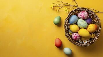 AI generated Easter basket with colorful eggs and yellow background photo