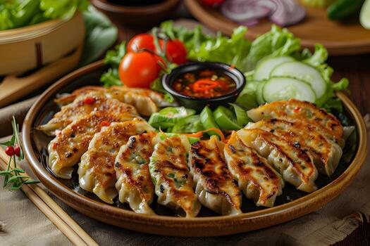 ai generado A la parrilla gyoza empanadillas servido en un plato foto