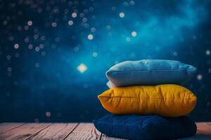 AI generated Pyramid stack of soft Pillow on star night background. Concept of good healthy sleep, sweet dreams and hypnotic pills photo