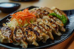 AI generated Grilled gyoza dumplings served on a plate photo