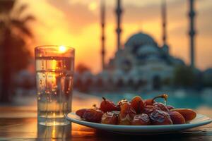 ai generado plato de fechas y vaso de agua en un mesa puesta de sol foto