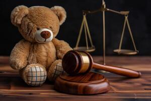 AI generated Legal Judgment on Alimony and Child Compensation with Wooden Gavel, Teddy Bear, and Advocates in the Courtroom Scene photo