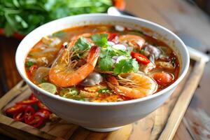 AI generated Tom Yum Goong, Thai spicy soup with shrimps. Tomyam photo